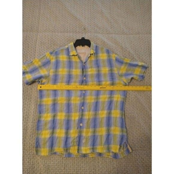 Tommy Bahama plaid 100% linen collared Button Down shirt Large blue & Yellow - Picture 7 of 9